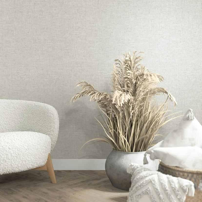 Non-woven tapet i ensfarvet tekstil look grå, beige ensfarvet