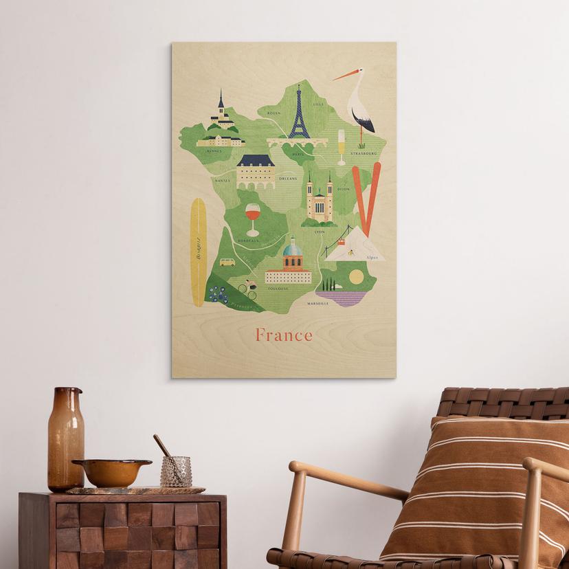 Carta geografica in legno della Francia - Rivers