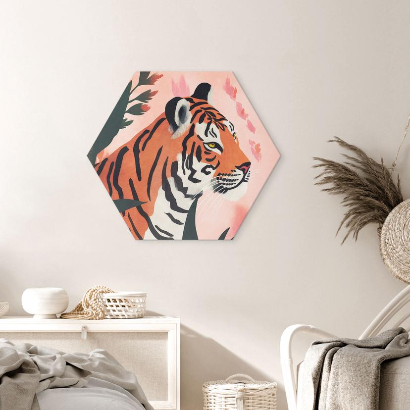 Hexagon Dibond Tijger in een roze jungle - Treechild