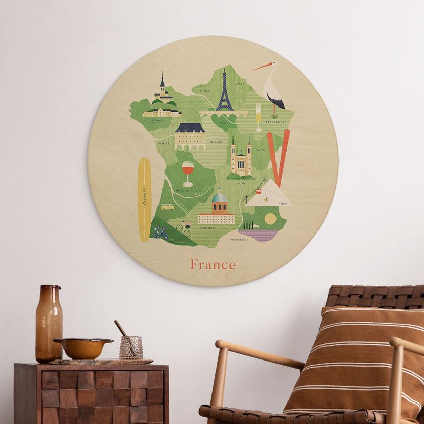 Carta geografica in legno della Francia - Rivers - Rotonda