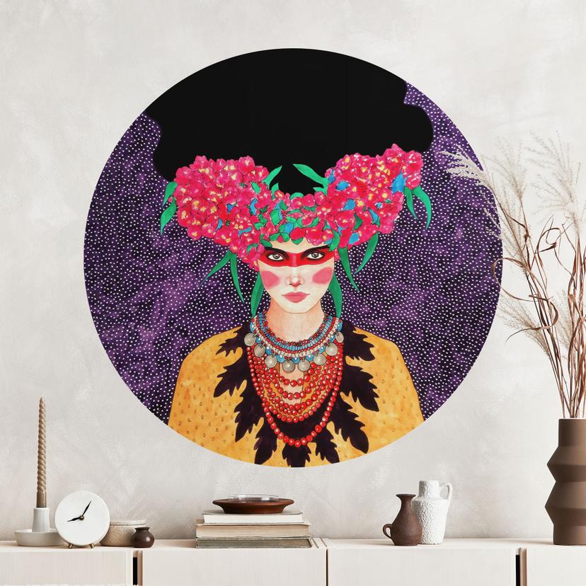 Wallsticker Kvinde med blomsterkrans og styrke - Hülya - Rund