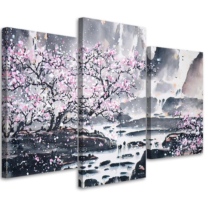 3 stykke lærredstryk, Japan Cherry Blossom Pink Nature