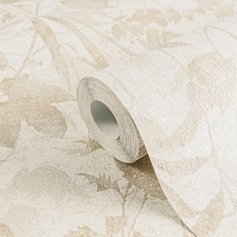 Carta da parati beige bianca con piante - motivo a foglie in stile naturale - Carta da parati in tes