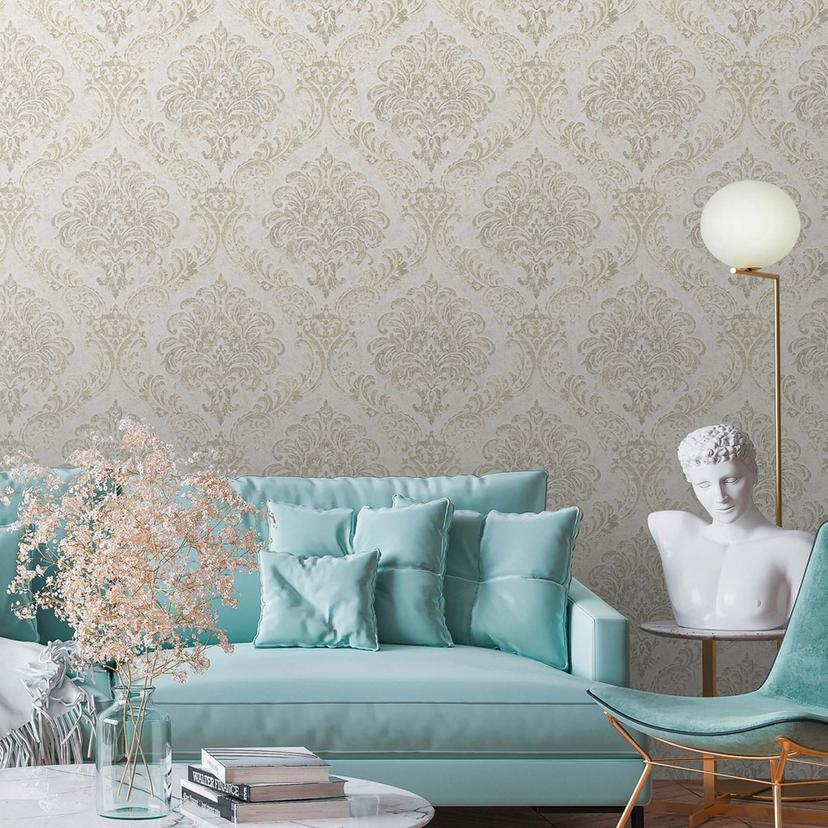 Papel pintado ornamentos blanco, plata - papel pintado tejido-no tejido barroco clásico para salón
