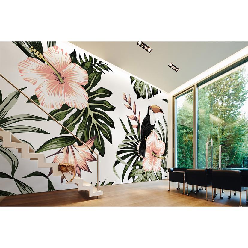 hvid og pink non-woven tapet Designwalls Designwalls Tukan fugle jungle