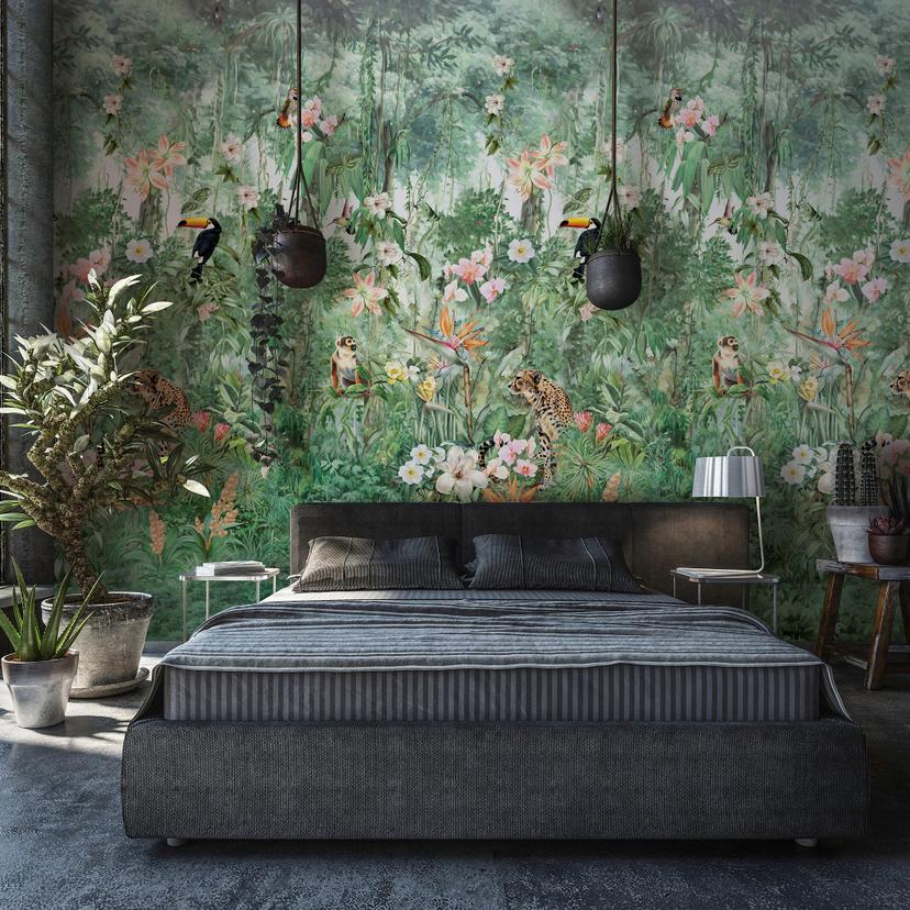 Fototapet med motivet jungledrøm med tukan, leopard og tropiske blomster 3,4 x 2,12 m