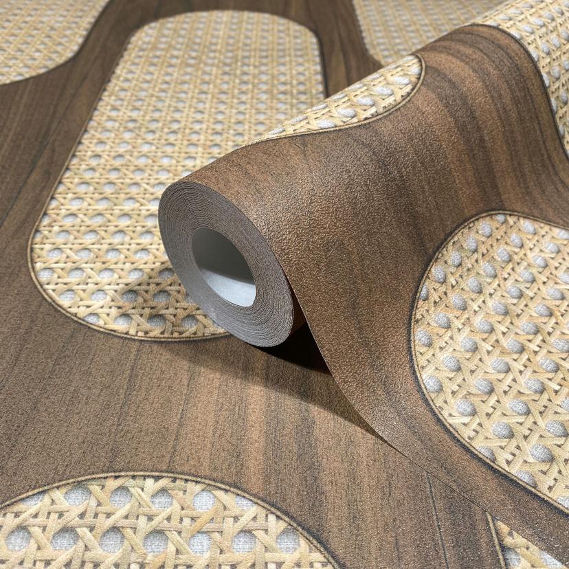 Non-woven tapet i brun beige trälook textur trä geometrisk