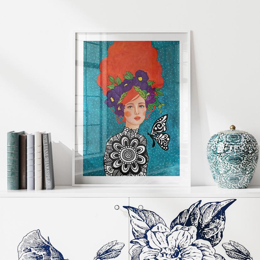Poster Ritratto di donna - Donna farfalla con corona di fiori - Hülya