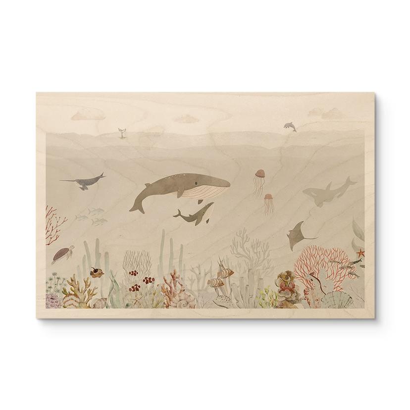 Cuadro de madera ballenas y sus amigos en el mundo submarino - Habitación infantil - Oliver Robins