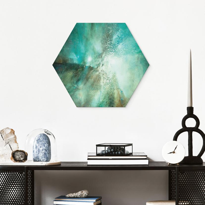 Hexagon Wandbild Abstraktes Türkis in Licht und Struktur - Schmucker - Alu-Dibond