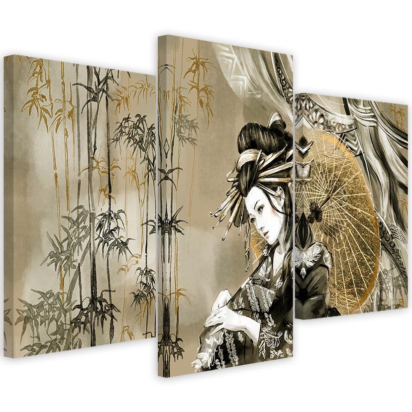Impression sur toile en 3 parties, geisha et bambou