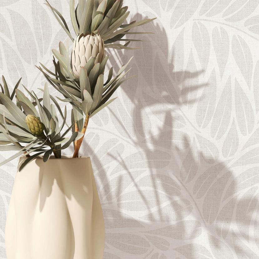 Ikke-vævet tapet blade blomster natur mat i hvid grå