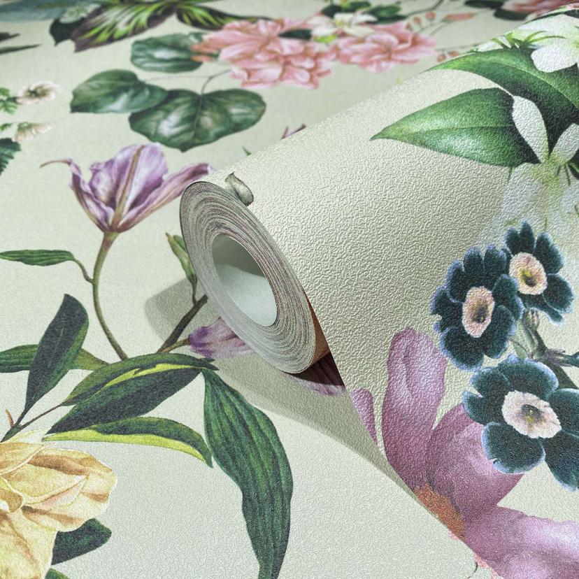 Tapet, non-woven blomstertapet Flora beige, pink