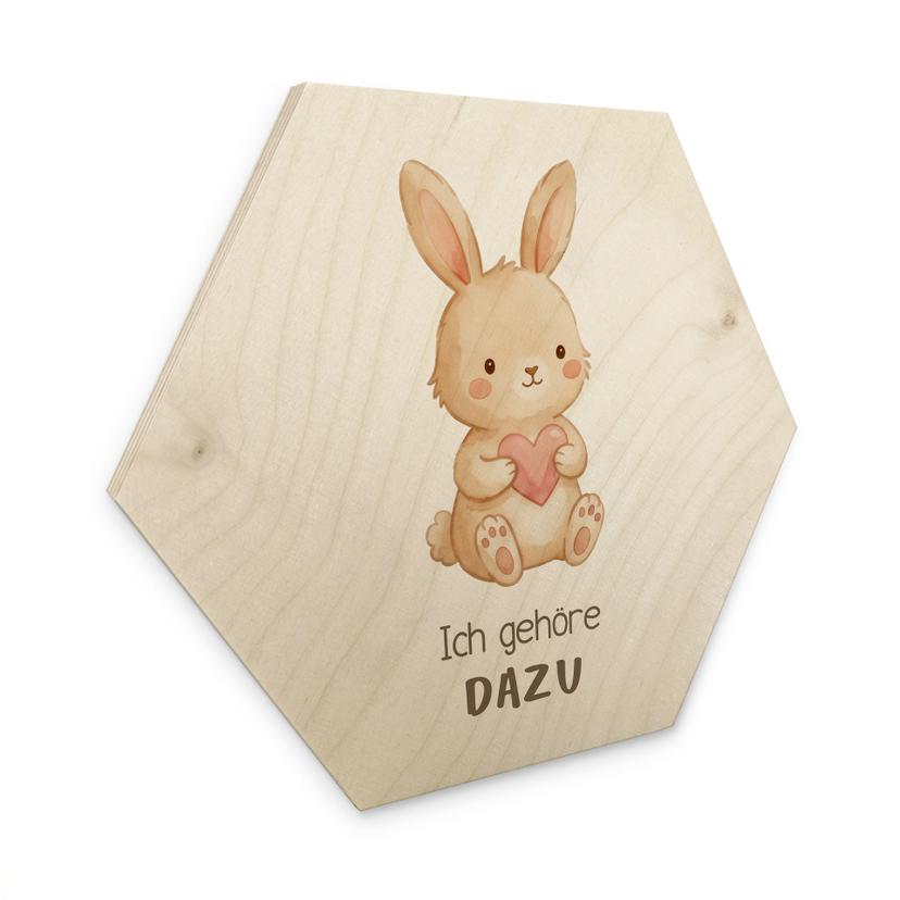 Holzbild Hexagon mit Hase und Herz - Bestärkung 'Ich gehöre dazu'