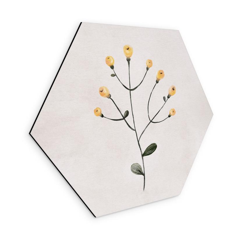 Sekskantet billede Delikat plante med gule blomster - Goed Blauw - Alu-Dibond