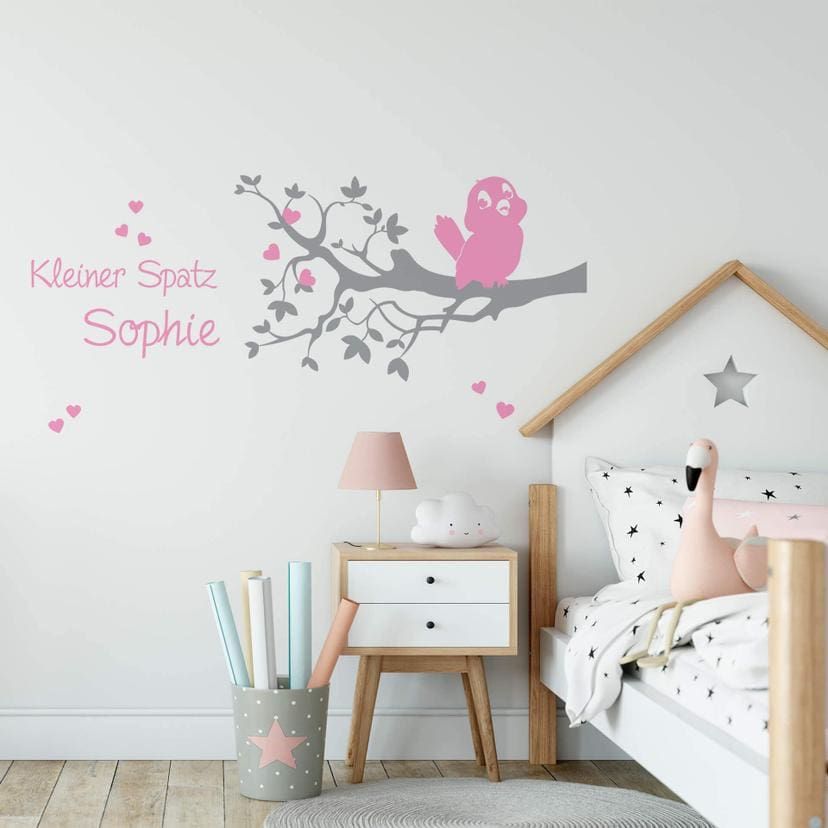 Wandtattoo + Name - Kleiner Spatz (2-farbig)