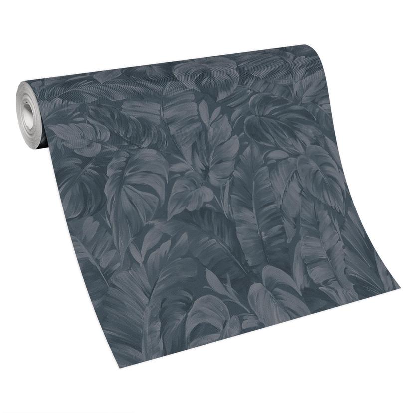 Papel pintado no tejido de aspecto selvático en azul, gris