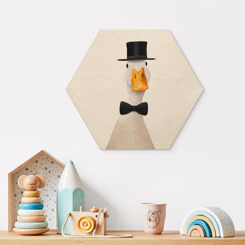 Hexagon Houten Wanddecoratie Gentleman Gans met Hoge Hoed - Korenkova