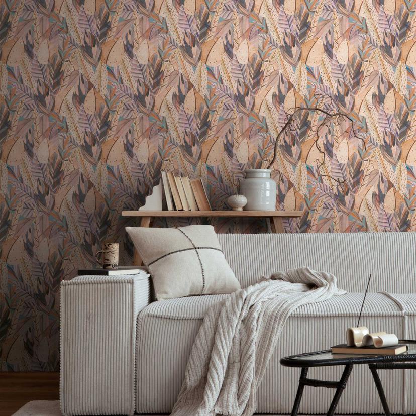 Djungel tapet lila beige - pastellfärgade blad modern - Icke-vävd tapet