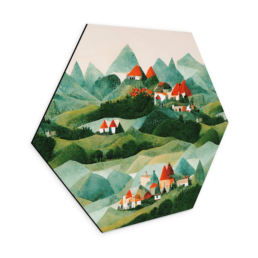 Hexagon Dibond Treechild - Small village in the middle of green hills
