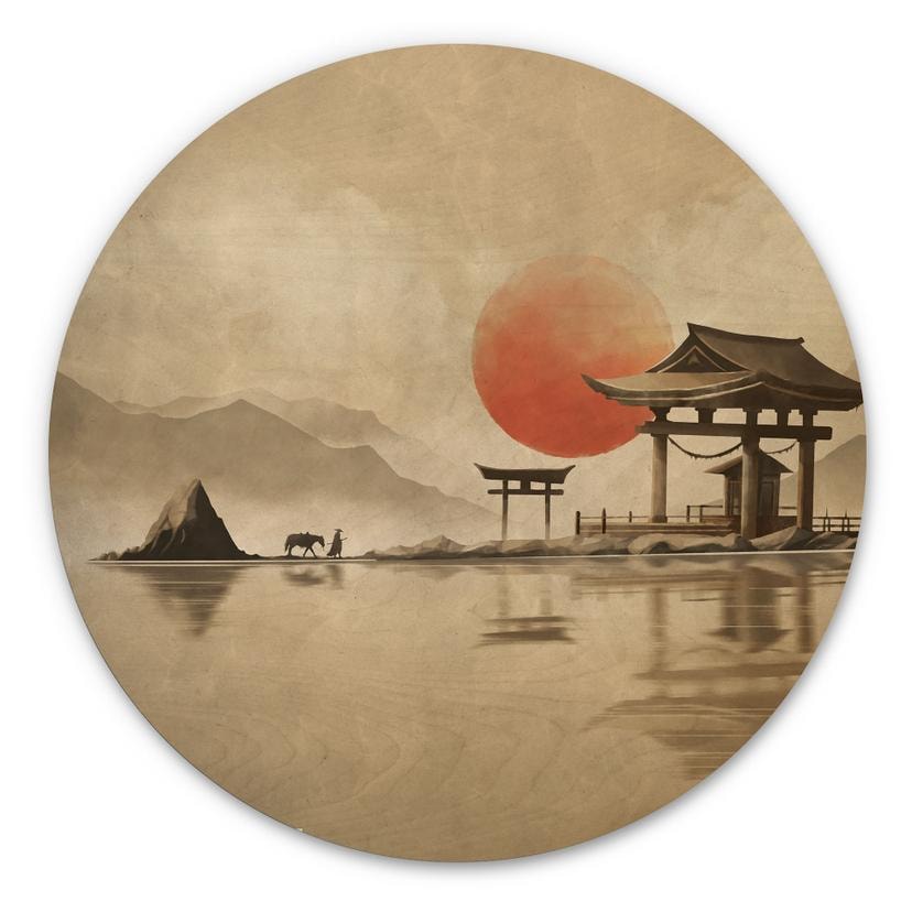 Billede af træ Japansk tempel ved solopgang - Roze - Round