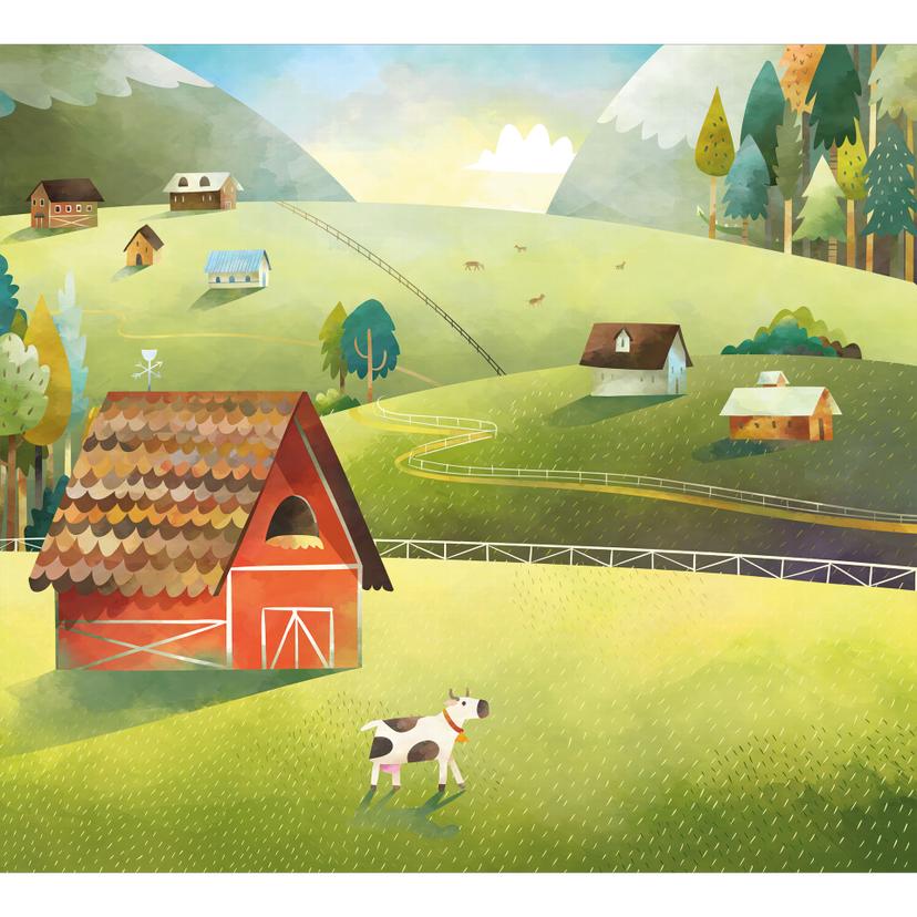 Fotomurale per la camera dei bambini: fattoria colorata in montagna - DigitalArtsi