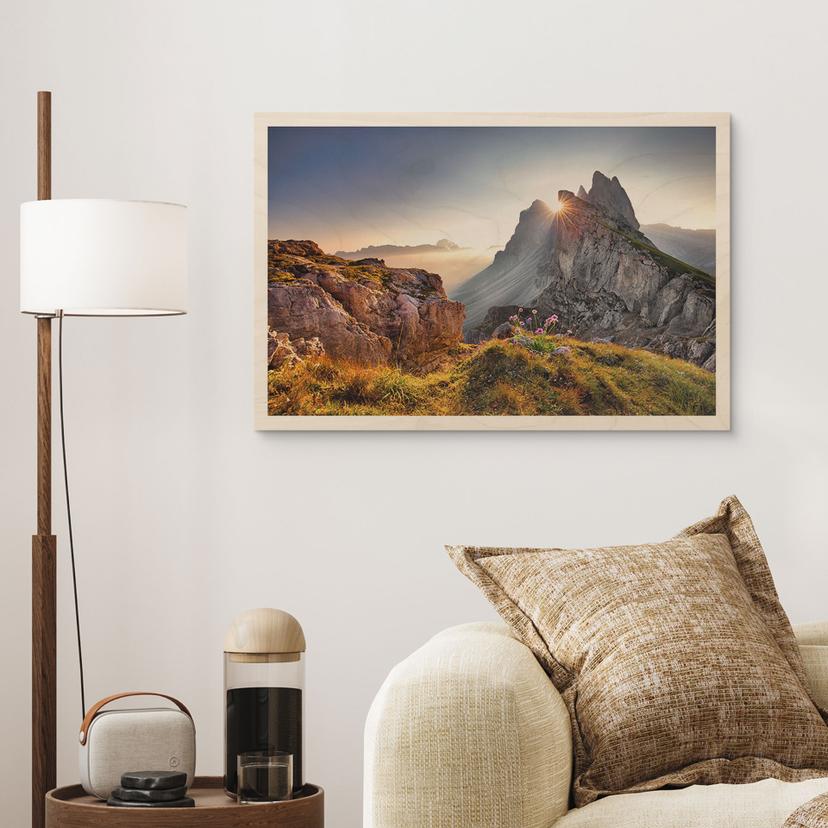 Stampa su legno dell'alba sulle montagne dell'Alto Adige