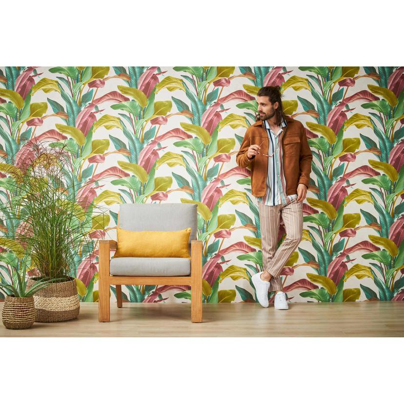 Papel pintado tejido-no tejido Livingwalls Papel pintado de palmeras Metropolitan Stories Antonio Barcelona colorido, crema