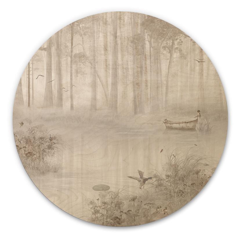 Houten Wanddecoratie bos bij het meer in beige mist - Ms Tiff - Rond