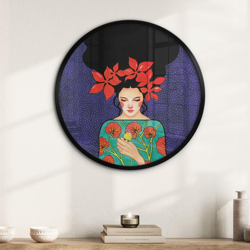 Poster donna con corona di fiori rossi e uccello - Hülya - Rotondo