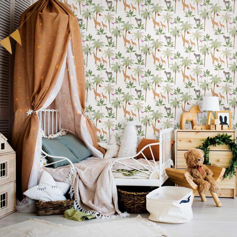 Børnetapet, non-woven tapet med illustration Kids Walls hvid, grøn, beige
