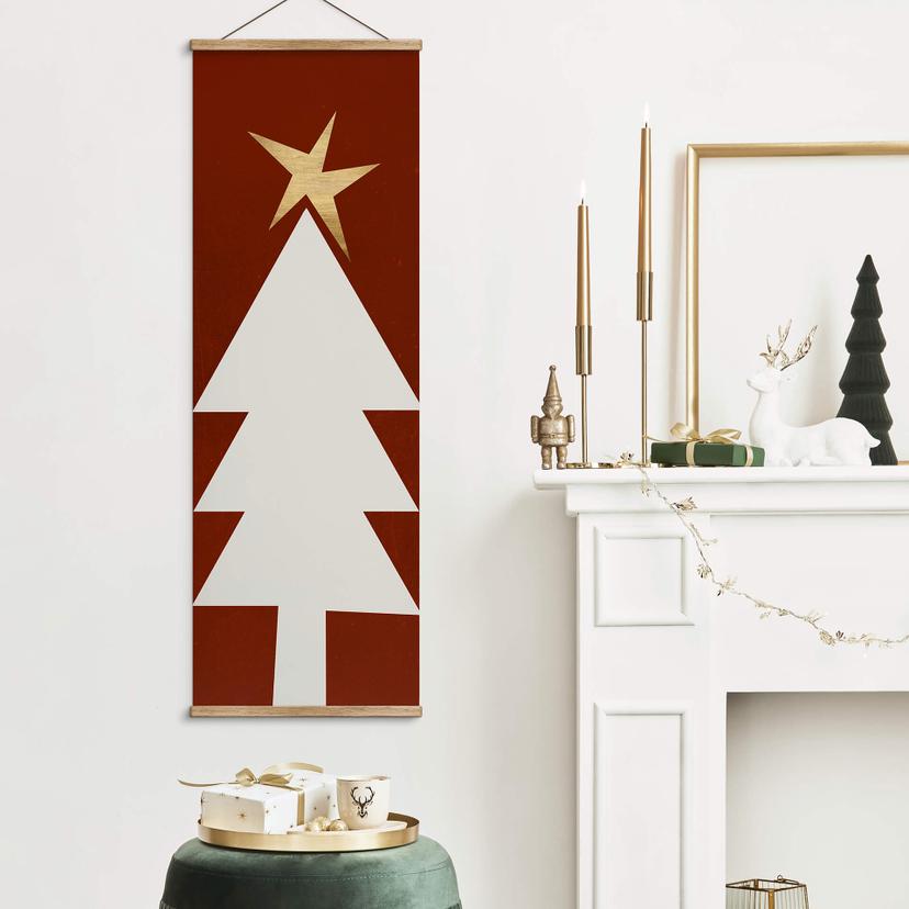 Textielposter Kubistika Kerst - Kerstboom met Gouden Sterren