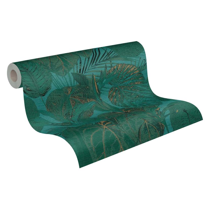carta da parati jungle tono su tono blu verde - carta da parati non tessuta floreale con foglie