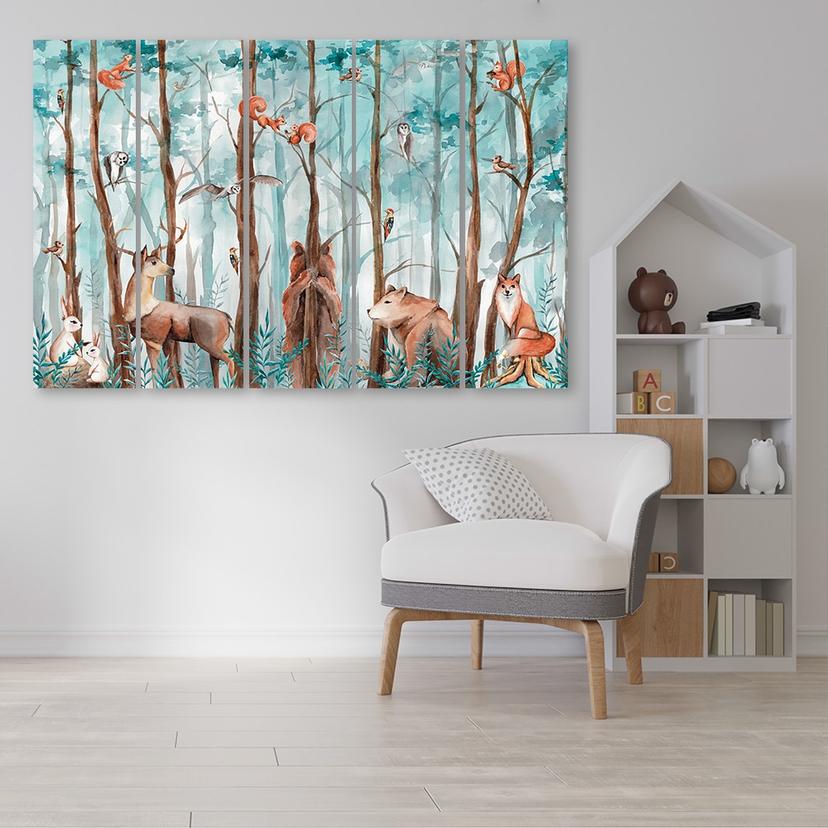 Stampa su tela 5 pezzi, animali della foresta cervo orso volpe