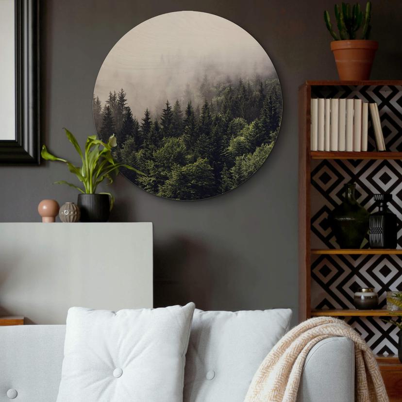 Holzbild Nebliger Wald - Rund