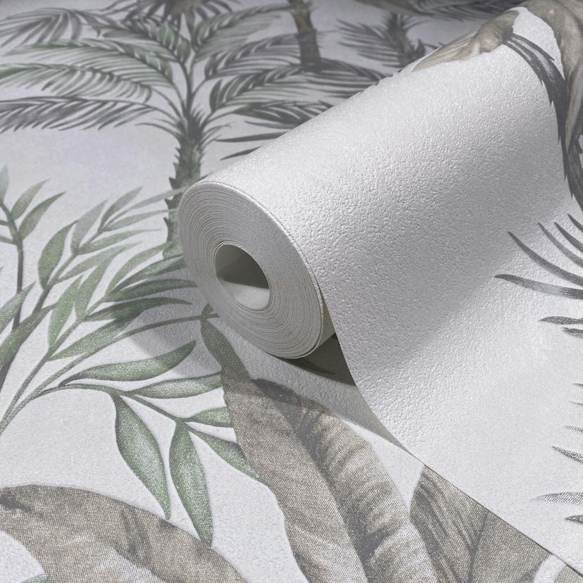 Papel pintado no tejido en gris verde árboles hojas selva naturaleza floral
