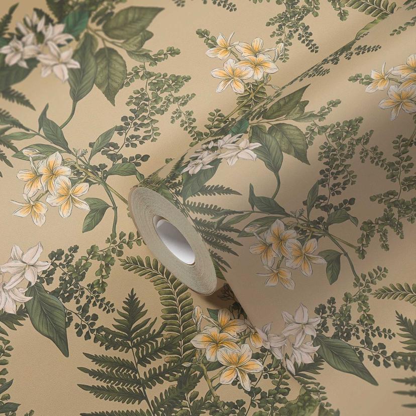 Papel pintado vegetal con flores verde beige - papel pintado no tejido con motivos florales