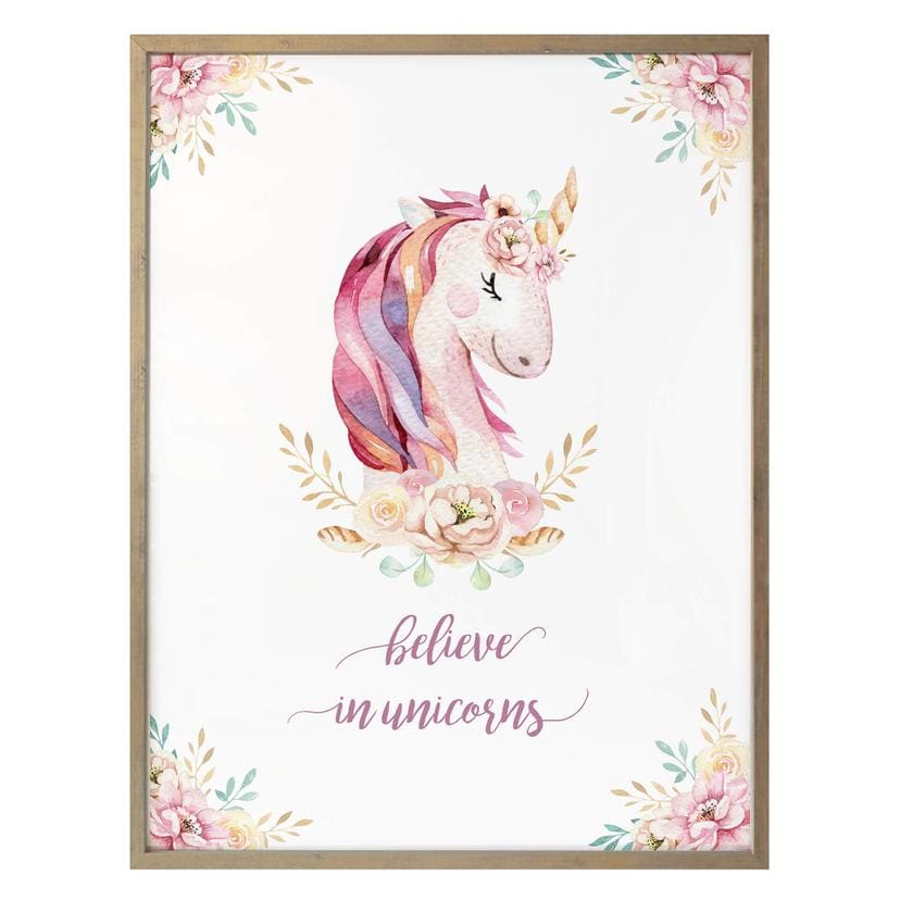 Póster Kvilis - Believe in Unicorns - Unicornio con flores