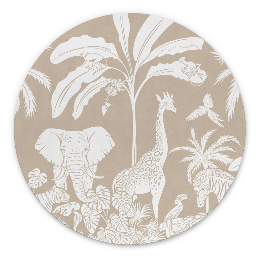 Rundt Billede Jungle dreams - Afrikas dyreliv i brunt - Kikki Belle – print på aluminium