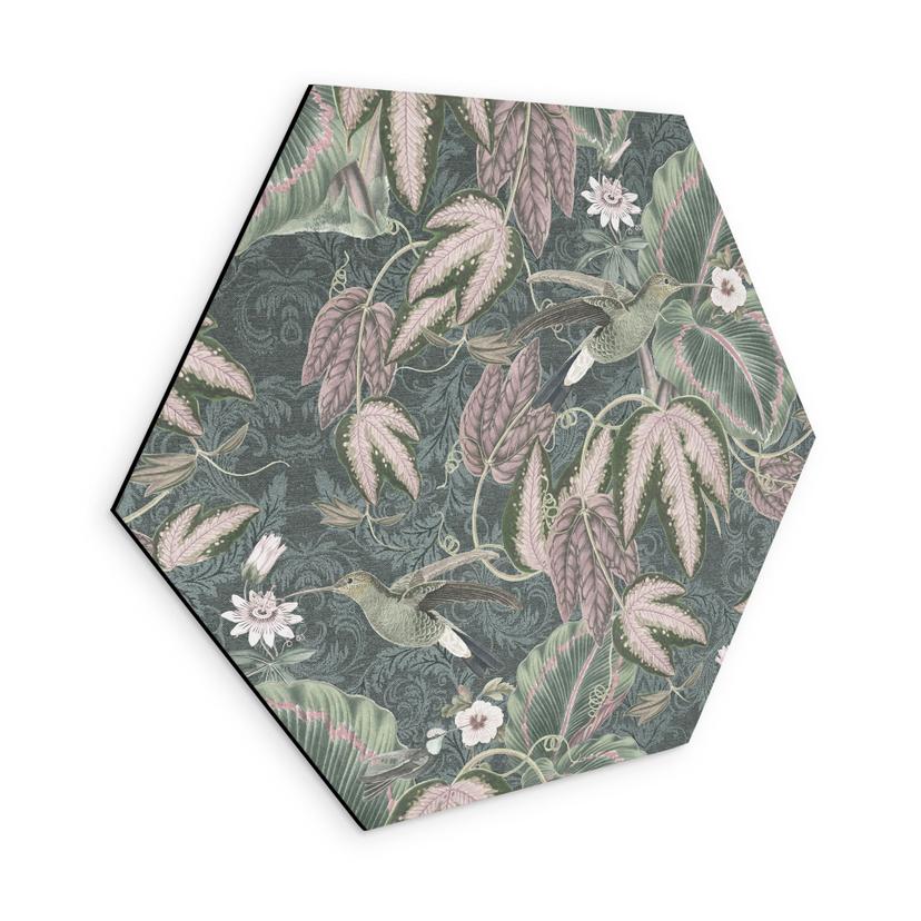 Sekskantet billede Kolibri i en tropisk skov - Bloomery Decor - Alu-Dibond
