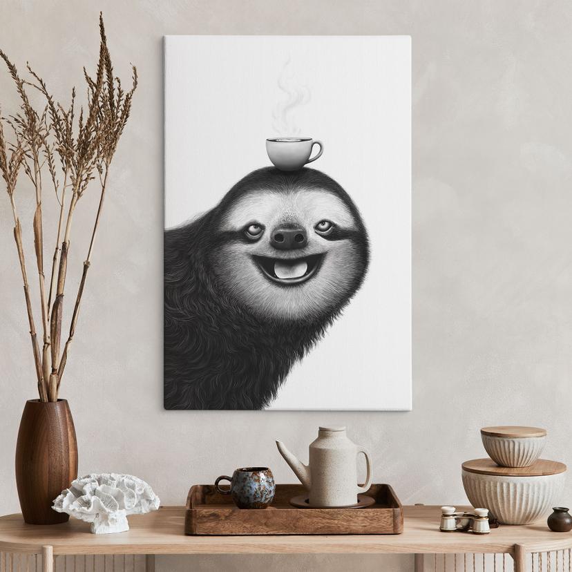 Canvas schilderij Vrolijke Luiaard met Koffie - Korenkova