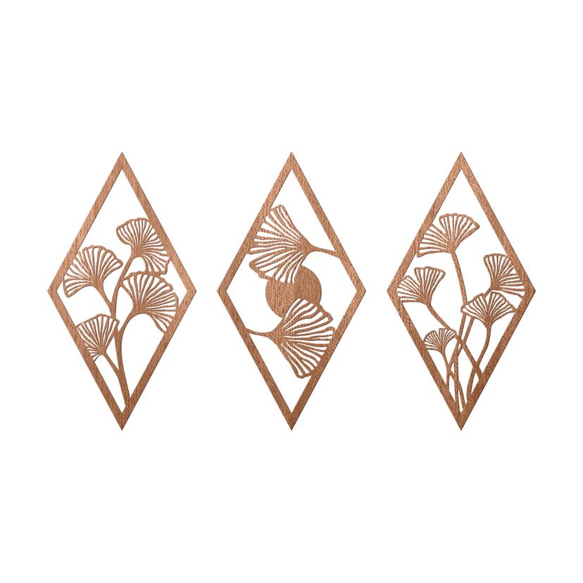 Väggdekorationer i trä - uppsättning ginkgoblad - diamantform - mahognyträ (3 delar)