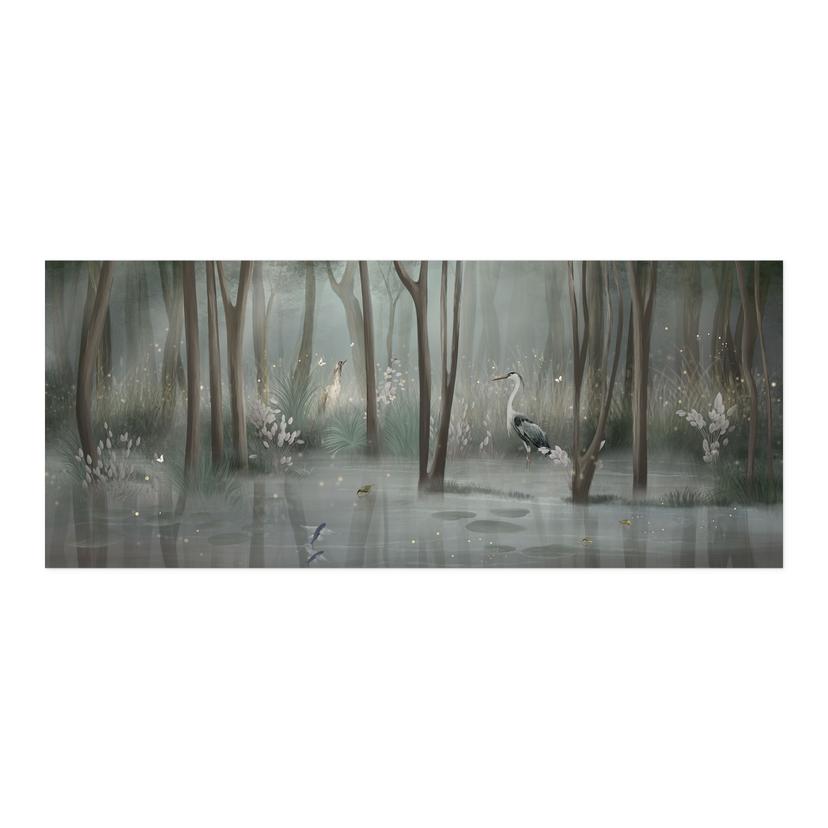 Zelfklevende Keukenachterwand wolkenbos aan het meer met reiger in groen - Ms Tiff