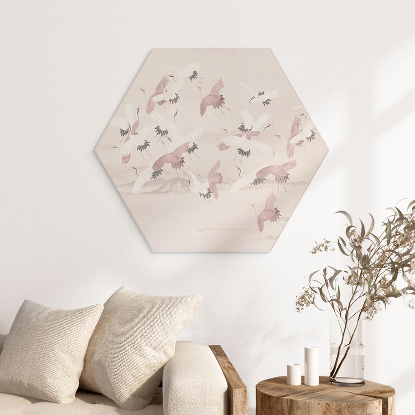 Stampe per pareti esagonali Gru sul lago - Bloomery Decor - Alu-Dibond