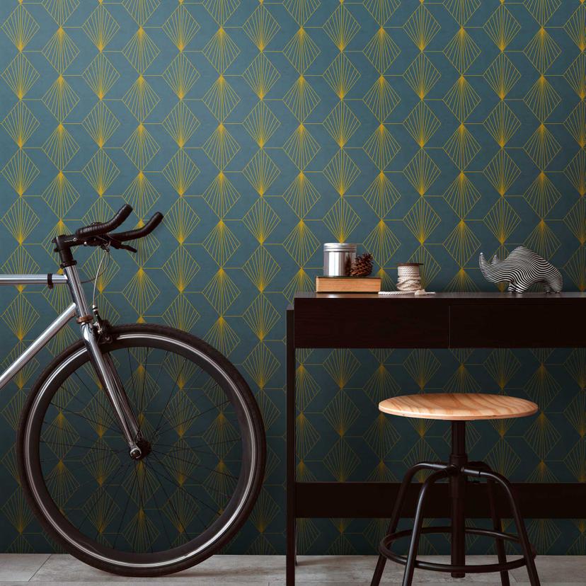Geometrisk art deco-tapet mørkeblåt guld - moderne tapet med mønster - ikke-vævet tapet