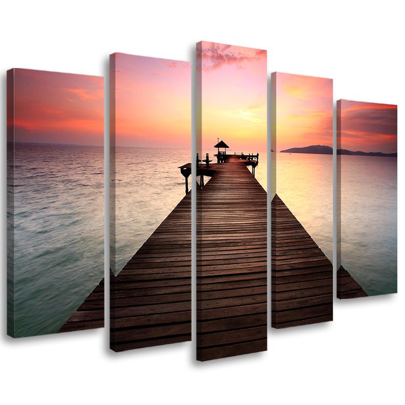 Lærredstryk 5 stykker, Jetty Beach Sea Sunset