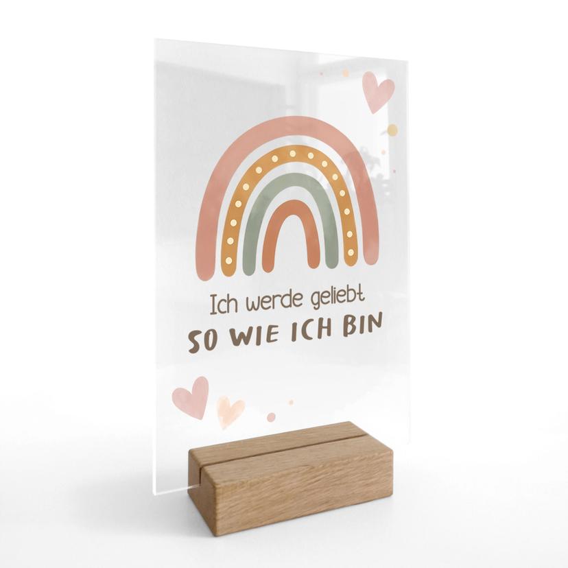 Tischaufsteller mit Boho-Regenbogen - kindgerechte Affirmation 'Ich werde geliebt'