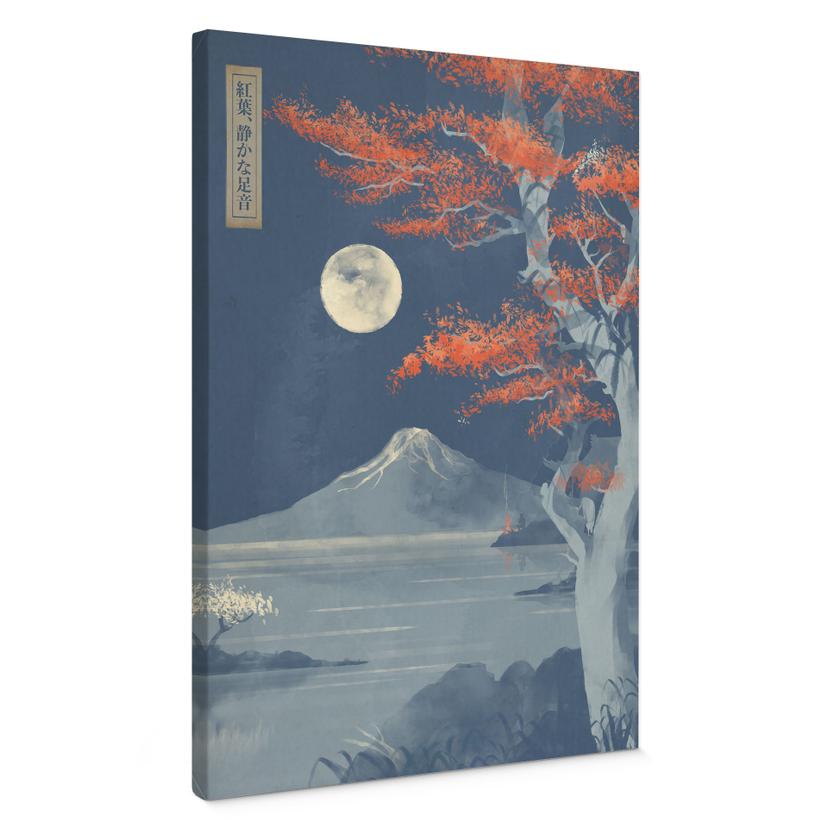 Canvasbillede fuldmåne over toppen af Fuji-san | Vintage Art - Roze