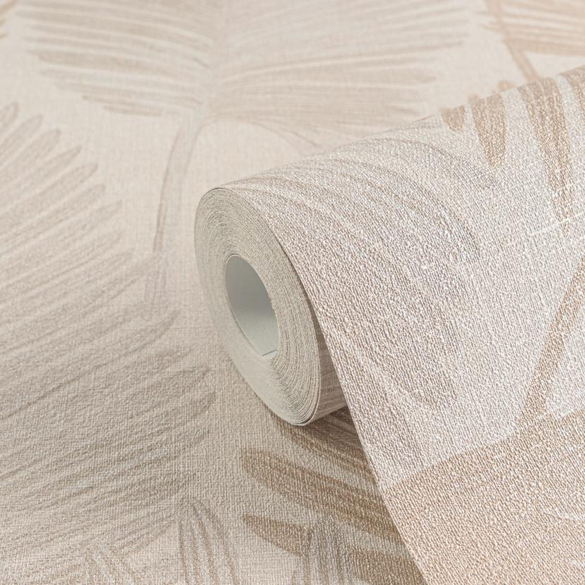 Papel pintado Hoja de palma beige arena - motivo de hojas tropicales en papel pintado no tejido