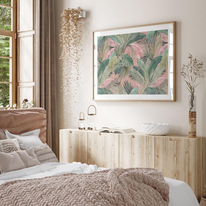 Poster tropicale con foglie nella giungla rosa - Bloomery Decor